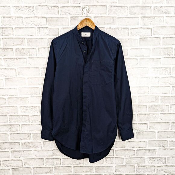 Mr P. Porter Men's Navy Blue Button up Band Collar Shirt 100% Cotton size XS - Picture 1 of 7